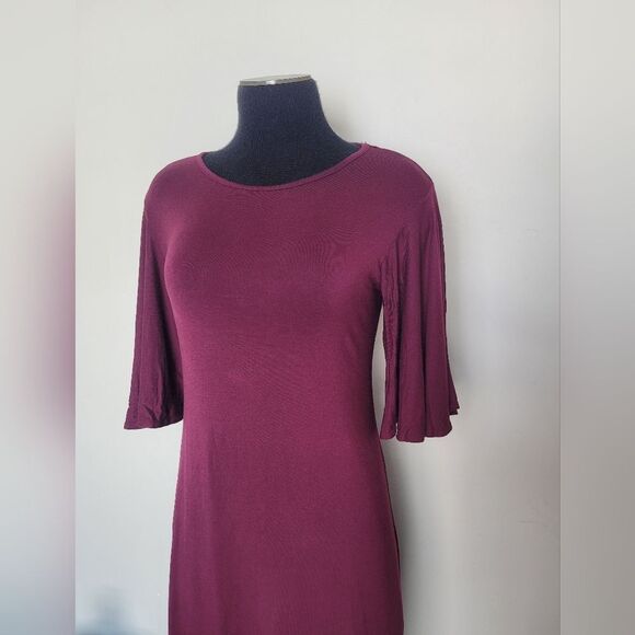 2Hearts Jersey Knit Dress Bell Sleeves Full Skirt Purple Midi Soft Casual Medium - Picture 9 of 10